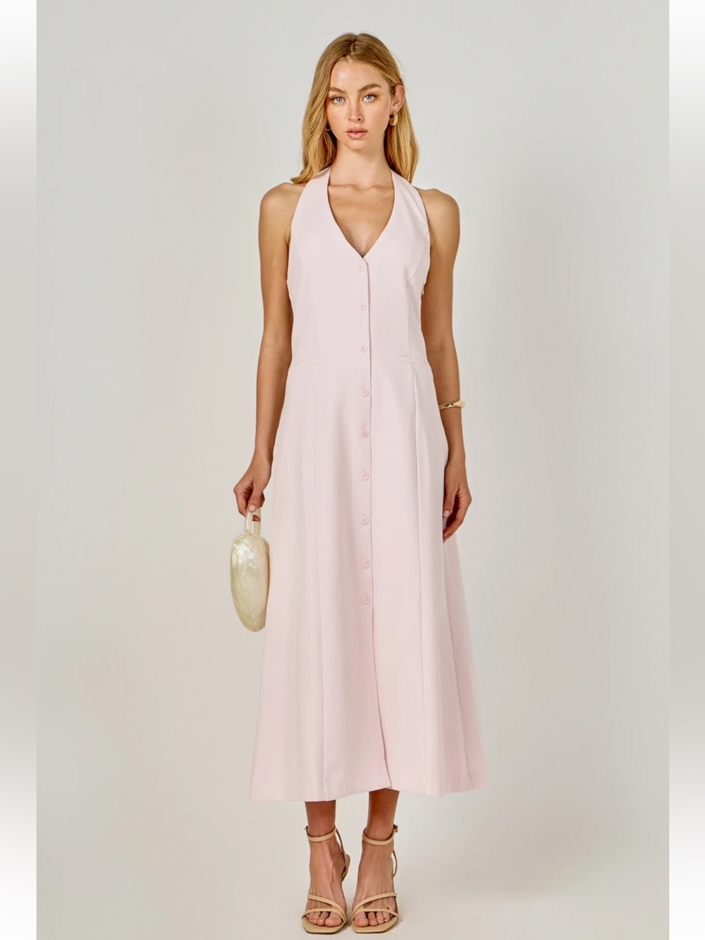 Endless Rose Blush Pink Halter Midi Dress Button Front Size Small
